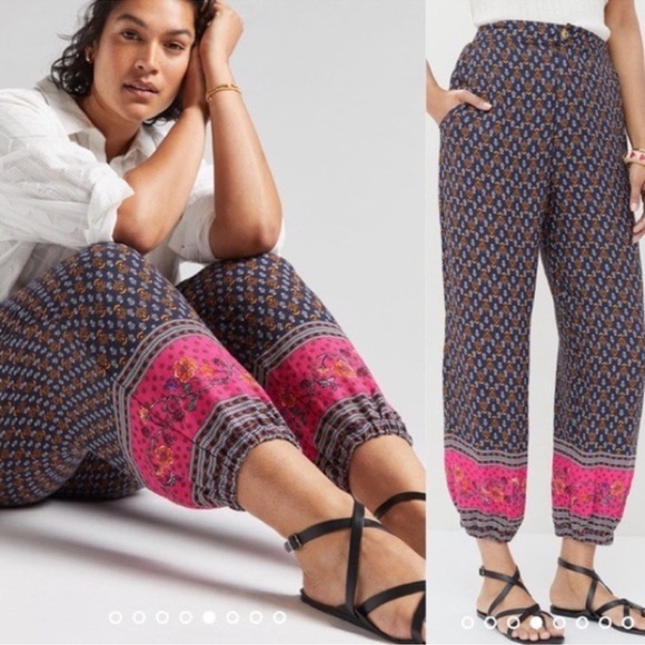 💗Anthropologie Smocked Balloon Leg Pant Navy Pink Paisley Women Boho Casual 2